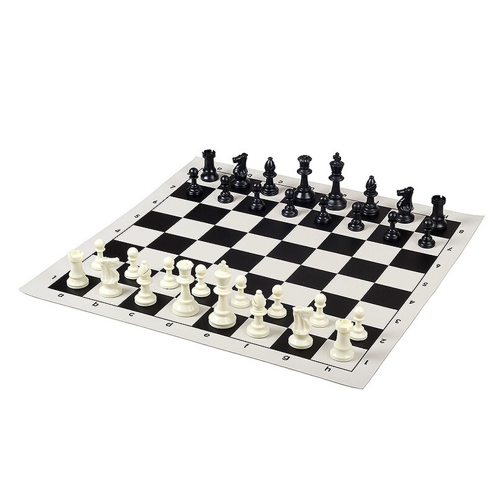 Set de sah scolar, Sunrise Chess & Games, Staunton nr. 6, vinil, 51cm, negru/alb