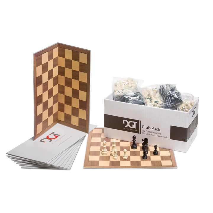 Комплект за шах DGT CLUB PACK, 10 комплекта, пластмасови фигури 95 мм, картонена шахматна дъска 55 мм
