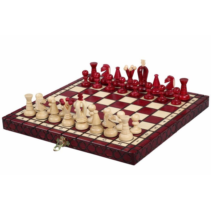 Set de Sah Royal Mic, Sunrise Chess & Games, Lemn, Compact, 30x30cm, Rosu/Alb