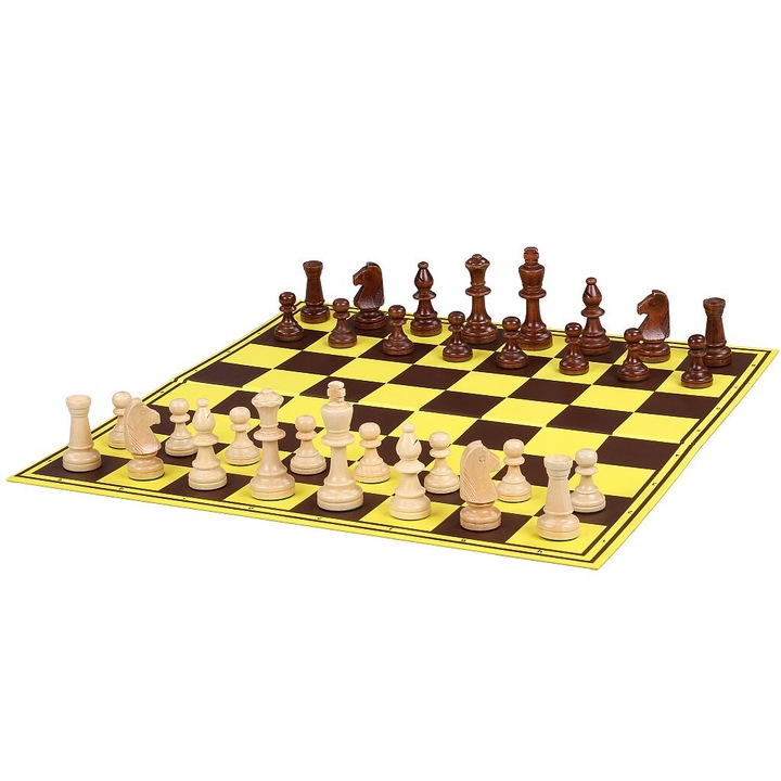 Set de sah turneu, Sunrise Chess & Games, figuri lemn, sahownica cartonata 55mm, sac bumbac, 90mm