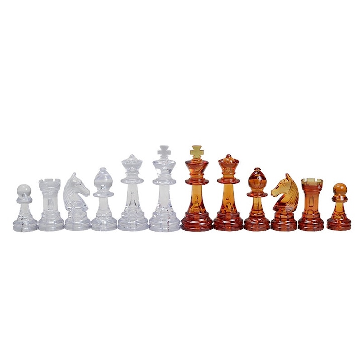Set 32 piese de sah Staunton nr. 6, Sunrise Chess & Games, Sticla, Transparent/Maro