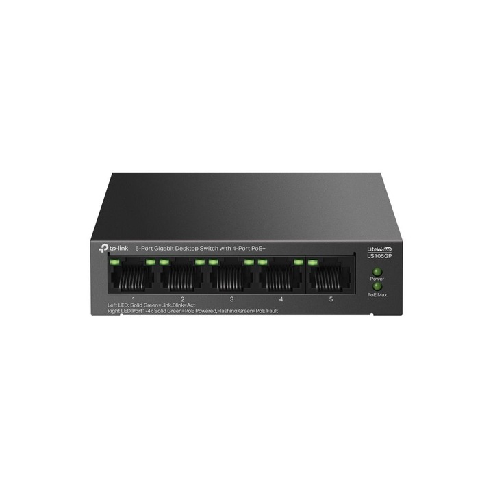 TP-Link LS105GP Gigabit Switch, 4 PoE+ порта, 65W, 10 Gbps, черен