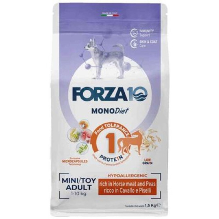 Hrana uscata pentru caini monoproteica, Hypoallergenic cu Cal si Mazare, Forza10 Mini Toy Adult, 1.5 kg
