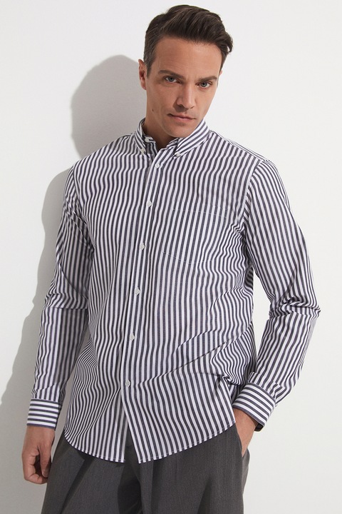 JUNE, Camasa cu maneci lungi si dungi, Alb/Albastru inchis