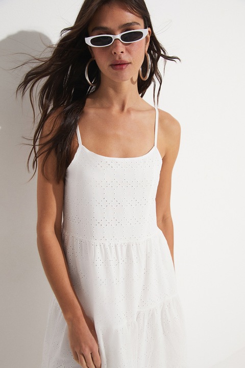 JUNE, Rochie fara maneci cu model stratificat si broderie, Alb, 40