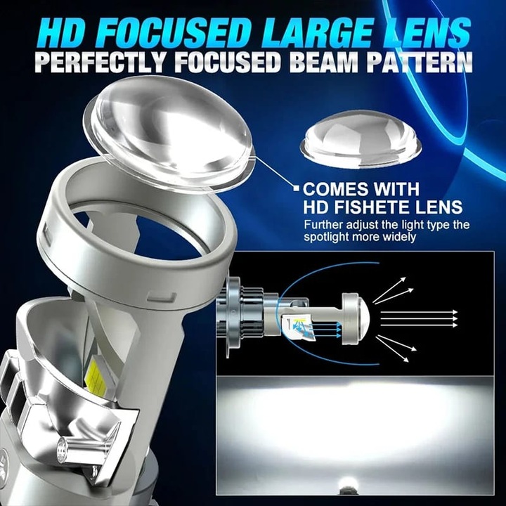 Set 2 Becuri Auto LED H8/H11, AutoREY® PRO, Bec H8/H11 LED Cu Lupa SUPER CSP 150W 27000LM, Cipuri CSP 7035 Performante, Lumina Alba Rece 6000K Puternica, Ventilator Integrat Pentru Racire, Sistem CANBUS Fara Eroare De Bec Ars, Instalare Rapida Plug & Play