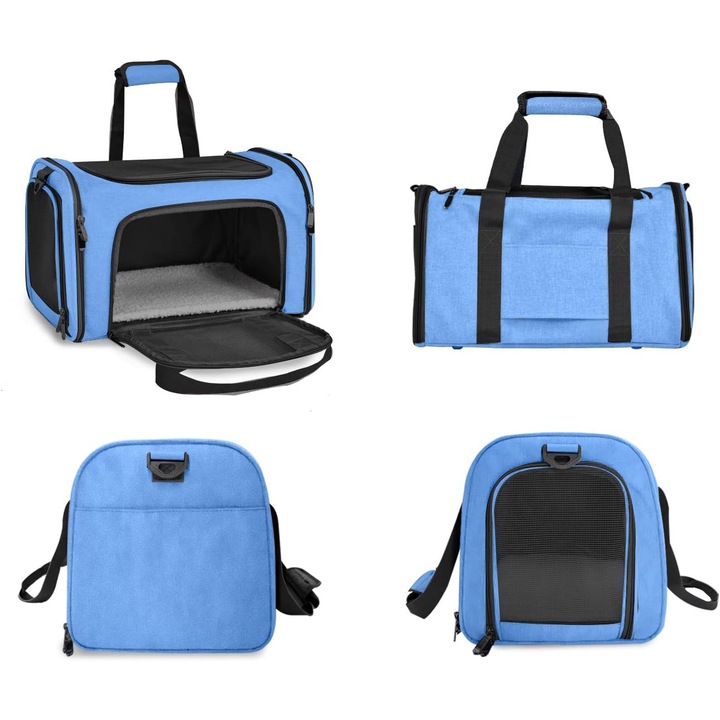 Geanta pentru transport animale mici Baza rezistenta cu covoras, Plasa de aerisire, Pliabil, Portabil si respirabil, Marimea XL, Suporta pana la Maxim 12 kg, 45 X 30 X 30 cm, Culoare Albastru, Manolex®