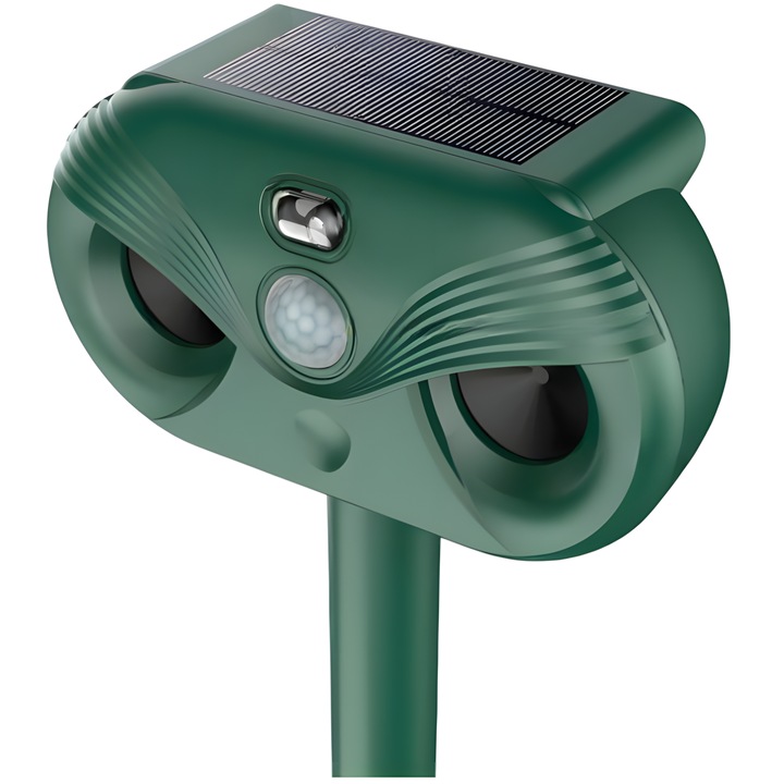 goBERA® ultrahangos kártevőirtó készülék, Újratölthető akkumulátor 1200 mAh, Napelemes/USB töltés, 5 üzemmód, Intenzitás állítás, Mozgásérzékelő, Vízálló IP54, Vadállatok ellen, Kutyaellenes, Szarvas, Macskák