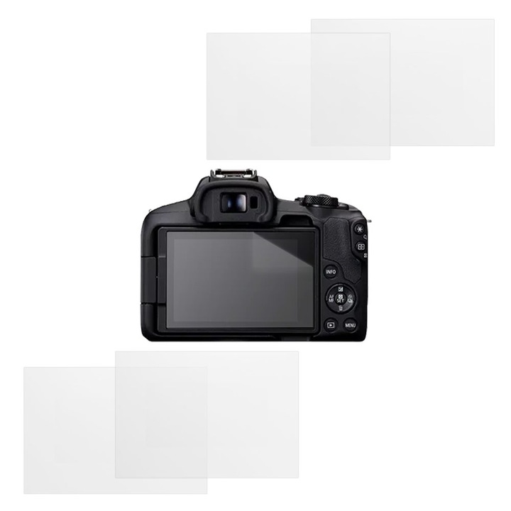 Set protectie compatibil cu Canon EOS R50, COMANDO Focus Shield, 4 Folii de Silicon Rezistente pentru Ecran, Anti-Reflexie, Anti-zgarieturi, Proprietati Regenerabile, Protectie Anti-Amprente, Aplicare usoara, Gri Transparent