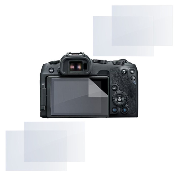 Set protectie compatibil cu Canon EOS R8, COMANDO Focus Shield, 4 Folii de Silicon Rezistente pentru Ecran, Anti-Reflexie, Anti-zgarieturi, Proprietati Regenerabile, Protectie Anti-Amprente, Aplicare usoara, Transparent