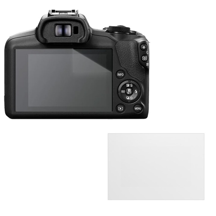 Set protectie compatibil cu Canon EOS R100, COMANDO Focus Shield, 1 Folie de Silicon Rezistenta pentru Ecran, Anti-Reflexie, Anti-zgarieturi, Proprietati Regenerabile, Protectie Anti-Amprente, Aplicare usoara, Gri Transparent