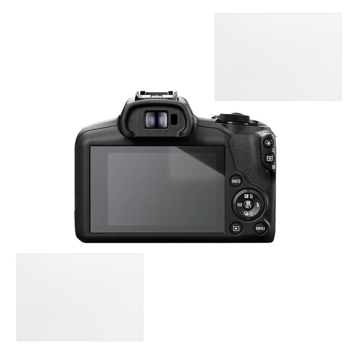 Set protectie compatibil cu Canon EOS R100, COMANDO Focus Shield, 2 Folii de Silicon Rezistente pentru Ecran, Anti-Reflexie, Anti-zgarieturi, Proprietati Regenerabile, Protectie Anti-Amprente, Aplicare usoara, Gri Transparent