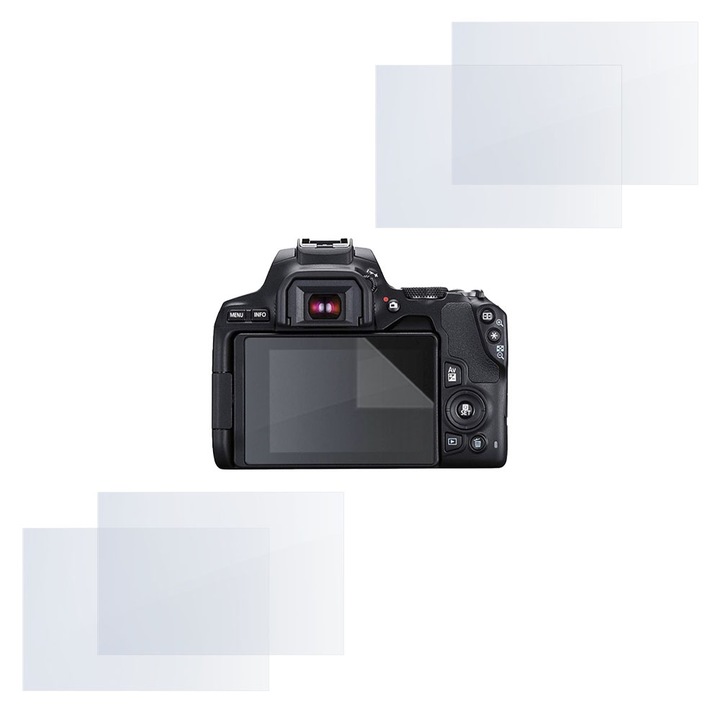 Set protectie compatibil cu Canon EOS 250D, COMANDO Focus Shield, 4 Folii de Silicon Rezistente pentru Ecran, Anti-Reflexie, Anti-zgarieturi, Proprietati Regenerabile, Protectie Anti-Amprente, Aplicare usoara, Transparent