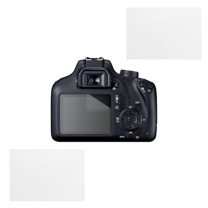 Set protectie compatibil cu Canon EOS 4000D, COMANDO Focus Shield, 2 Folii de Silicon Rezistente pentru Ecran, Anti-Reflexie, Anti-zgarieturi, Proprietati Regenerabile, Protectie Anti-Amprente, Aplicare usoara, Gri Transparent