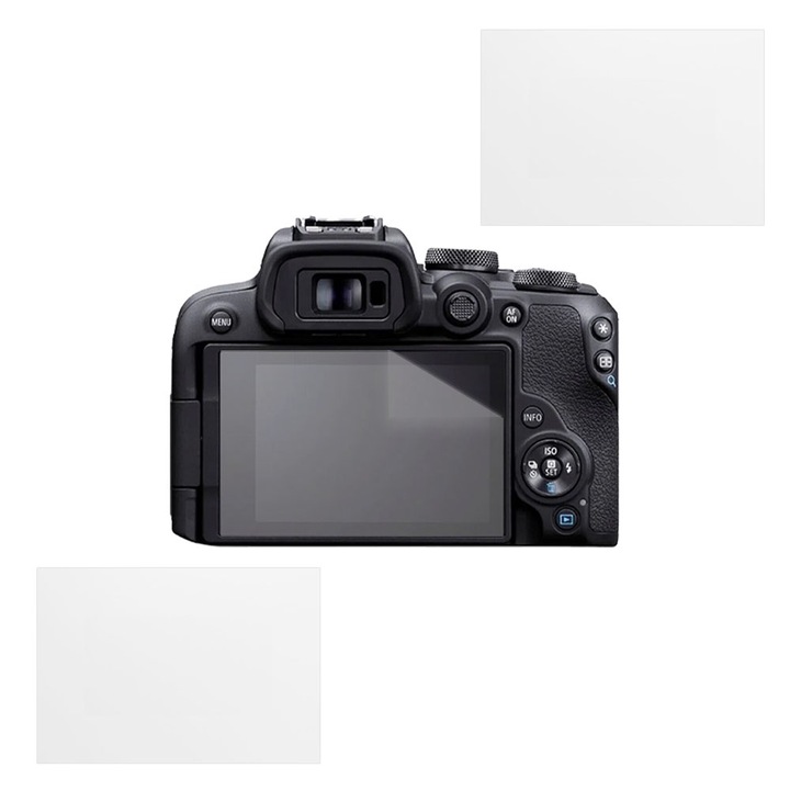 Set protectie compatibil cu Canon EOS R10, COMANDO Focus Shield, 2 Folii de Silicon Rezistente pentru Ecran, Anti-Reflexie, Anti-zgarieturi, Proprietati Regenerabile, Protectie Anti-Amprente, Aplicare usoara, Gri Transparent