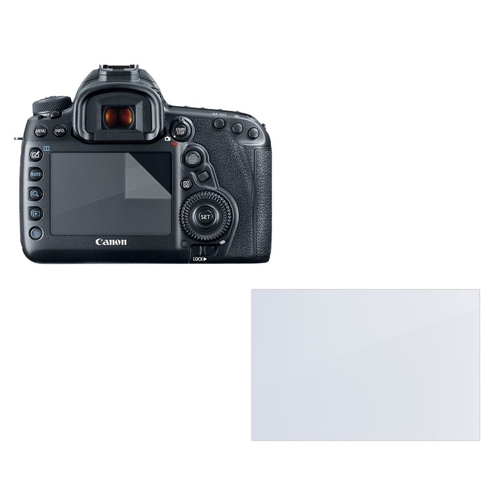 Защитен комплект, съвместим с Canon EOS 5D Mark IV, COMANDO Focus Shield, 1 устойчиво силиконово фолио за екрана, антирефлексно покритие, против надраскване, регенерируеми свойства, защита срещу пръстови отпечатъци, лесно нанасяне, прозрачен