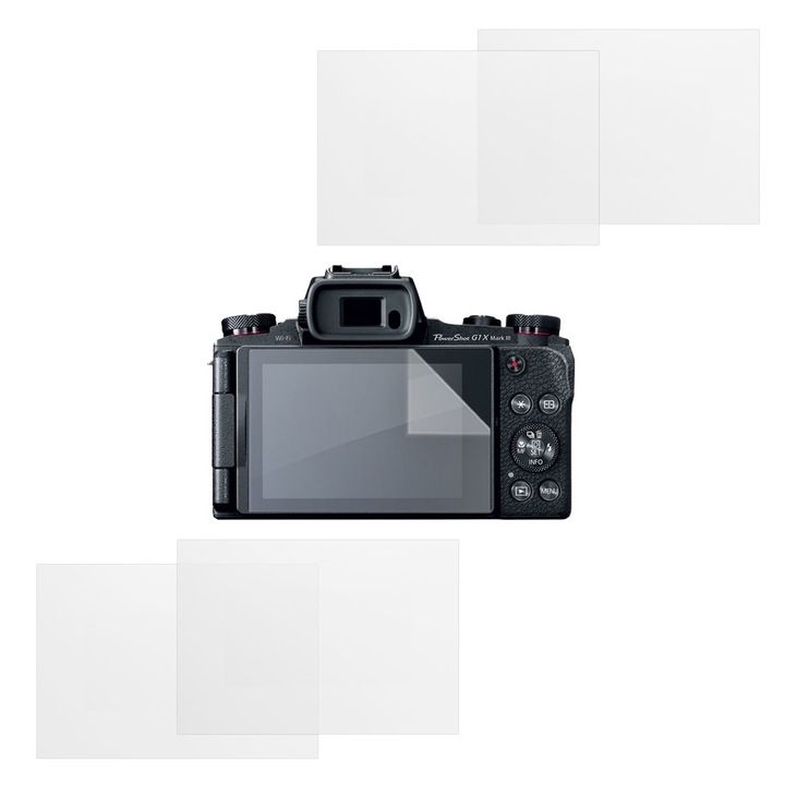 Set protectie compatibil cu Canon Powershot G1 X Mark III, COMANDO Focus Shield, 4 Folii de Silicon Rezistente pentru Ecran, Anti-Reflexie, Anti-zgarieturi, Proprietati Regenerabile, Protectie Anti-Amprente, Aplicare usoara, Gri Transparent