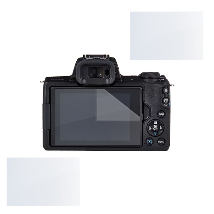 Set protectie compatibil cu Canon EOS M50, COMANDO Focus Shield, 2 Folii de Silicon Rezistente pentru Ecran, Anti-Reflexie, Anti-zgarieturi, Proprietati Regenerabile, Protectie Anti-Amprente, Aplicare usoara, Transparent