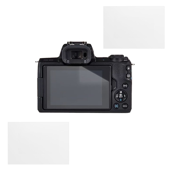 Set protectie compatibil cu Canon EOS M50, COMANDO Focus Shield, 2 Folii de Silicon Rezistente pentru Ecran, Anti-Reflexie, Anti-zgarieturi, Proprietati Regenerabile, Protectie Anti-Amprente, Aplicare usoara, Gri Transparent
