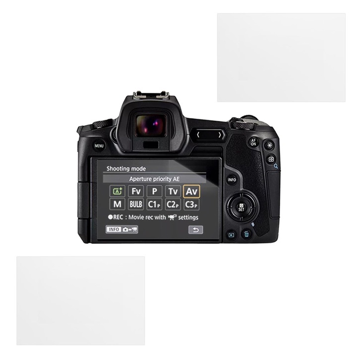 Set protectie compatibil cu Canon EOS Ra, COMANDO Focus Shield, 2 Folii de Silicon Rezistente pentru Ecran, Anti-Reflexie, Anti-zgarieturi, Proprietati Regenerabile, Protectie Anti-Amprente, Aplicare usoara, Gri Transparent