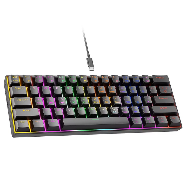 Tastatura Gaming, RGB, Mecanica, Blue Switches, Cu fir USB-C, 61 taste, 60%, 8 moduri iluminare, neagra