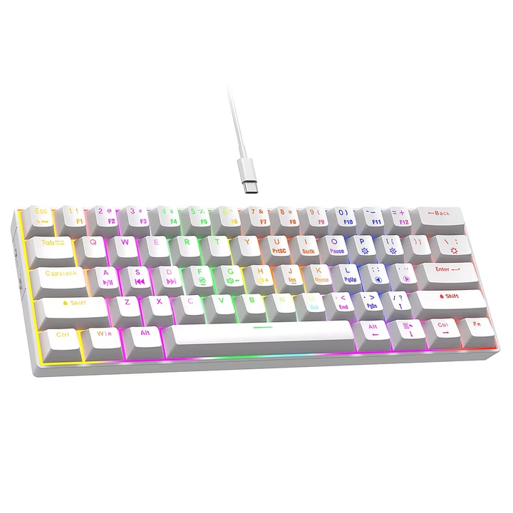 Tastatura Gaming, RGB, Mecanica, Blue Switches, Cu fir USB-C, 61 taste, 60%, 8 moduri iluminare, alba