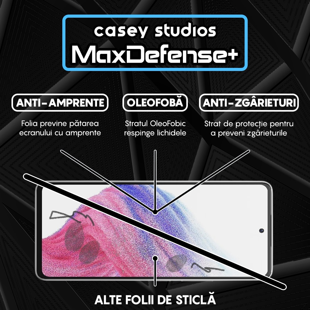 Folie Sticla CASEY STUDIOS™ compatibila cu Samsung Galaxy A53 5G, Full Cover 3D, Full Glue, Sticla Securizata, Duritate Militara, Ultra HD, Protectie Profesionala Ecran 3D, Anti Zgarieturi, Anti Socuri, Margini Negre