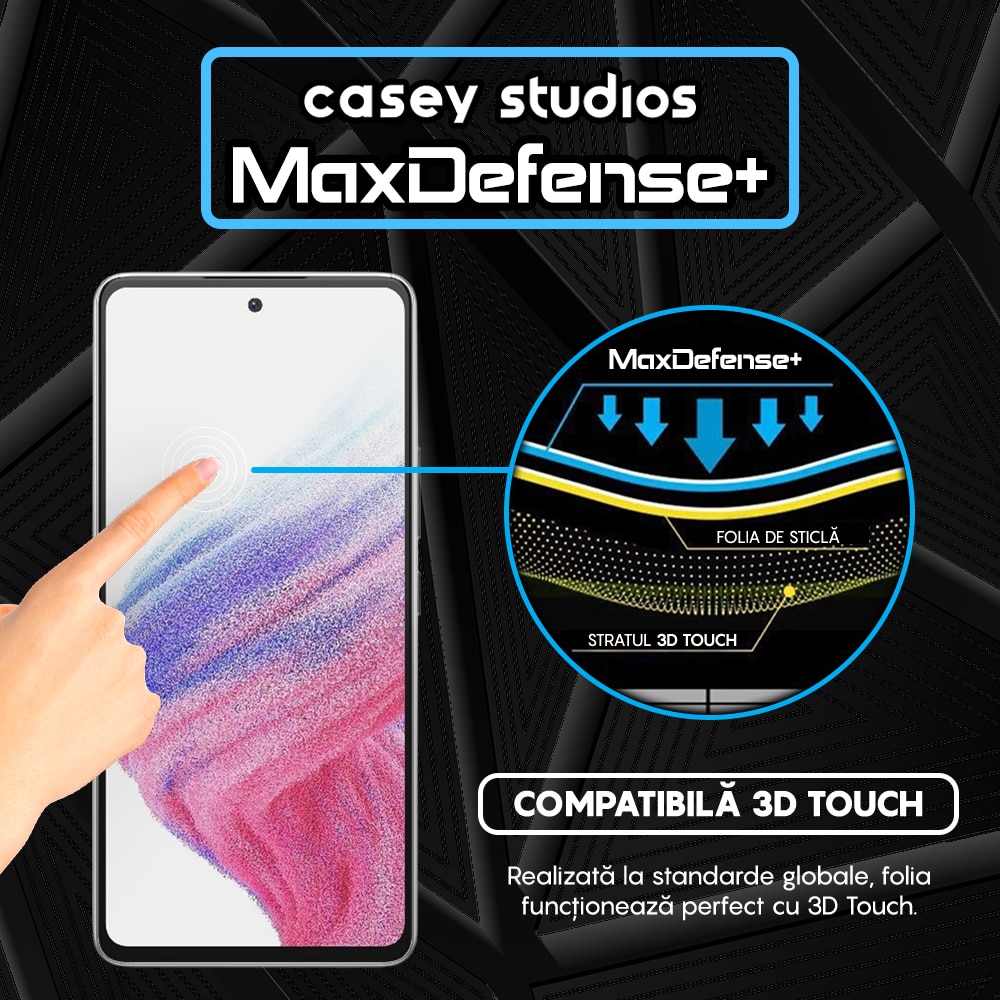 Folie Sticla CASEY STUDIOS™ compatibila cu Samsung Galaxy A53 5G, Full Cover 3D, Full Glue, Sticla Securizata, Duritate Militara, Ultra HD, Protectie Profesionala Ecran 3D, Anti Zgarieturi, Anti Socuri, Margini Negre