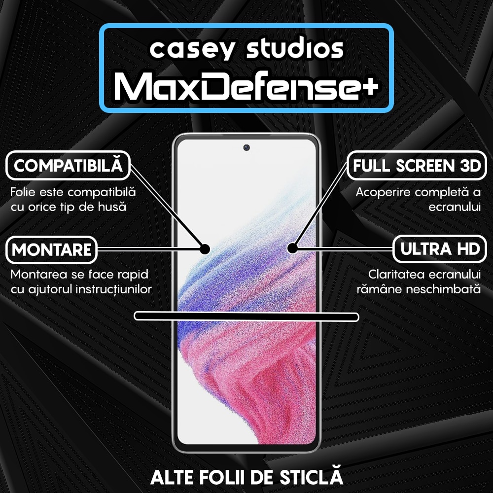Folie Sticla CASEY STUDIOS™ compatibila cu Samsung Galaxy A53 5G, Full Cover 3D, Full Glue, Sticla Securizata, Duritate Militara, Ultra HD, Protectie Profesionala Ecran 3D, Anti Zgarieturi, Anti Socuri, Margini Negre