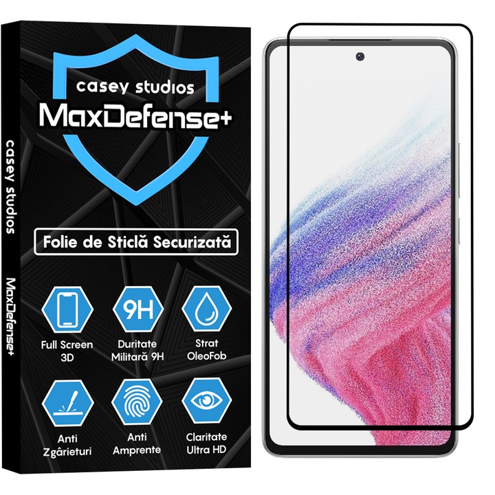 Folie Sticla CASEY STUDIOS™ compatibila cu Samsung Galaxy A53 5G, Full Cover 3D, Full Glue, Sticla Securizata, Duritate Militara, Ultra HD, Protectie Profesionala Ecran 3D, Anti Zgarieturi, Anti Socuri, Margini Negre