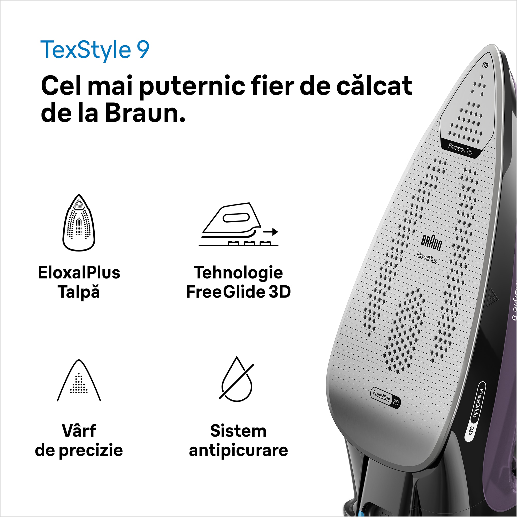 Fier de calcat Braun TexStyle 9, 3100W, 250g/min, 330ml, talpa Eloxal Plus, violet-negru