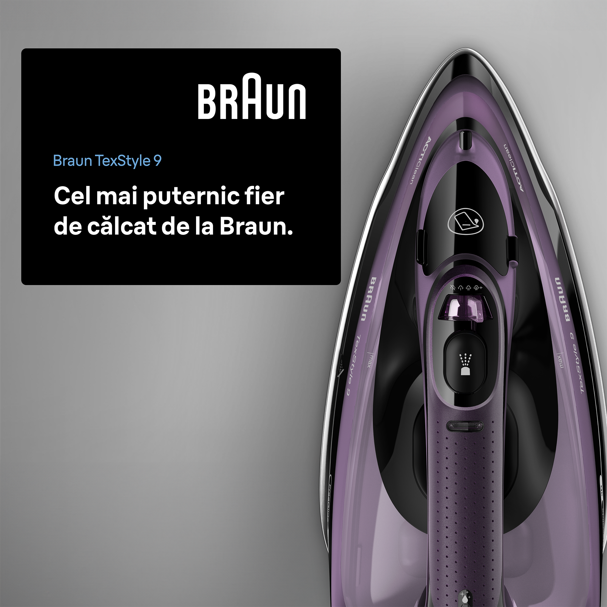 Fier de calcat Braun TexStyle 9, 3100W, 250g/min, 330ml, talpa Eloxal Plus, violet-negru