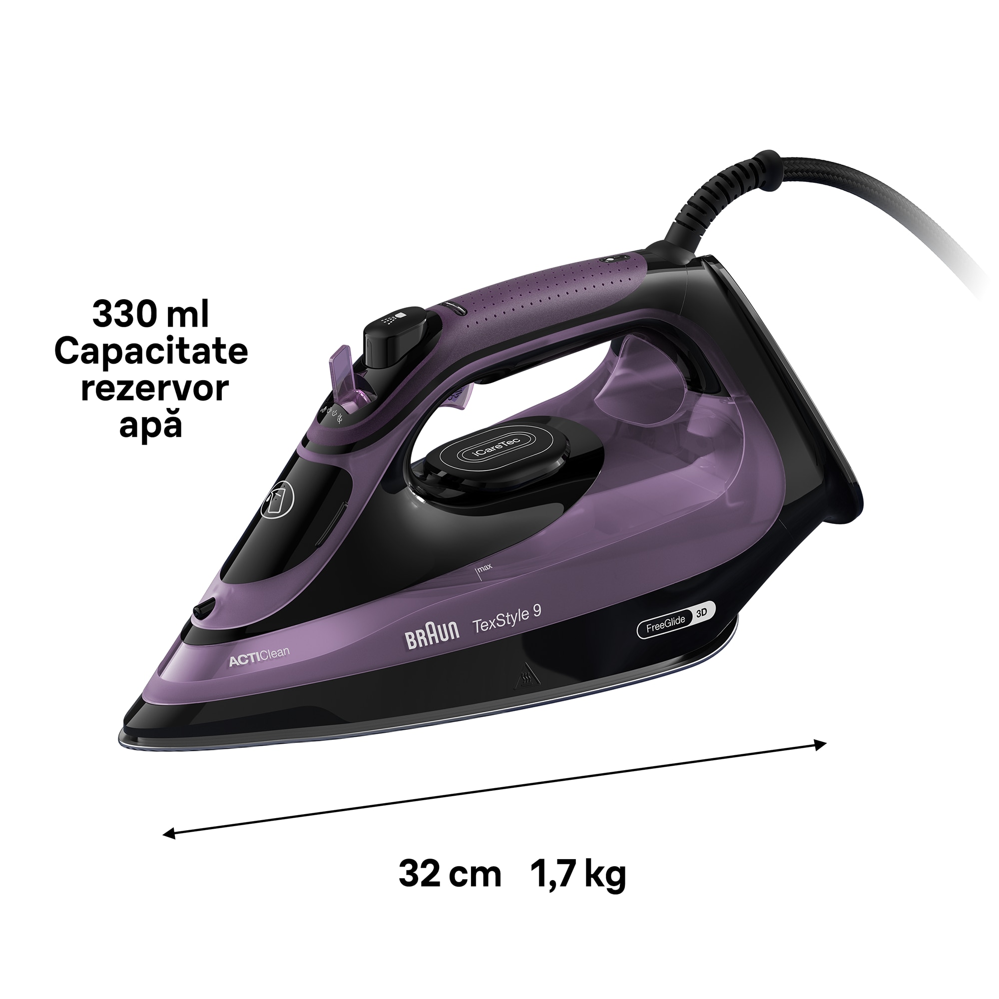 Fier de calcat Braun TexStyle 9, 3100W, 250g/min, 330ml, talpa Eloxal Plus, violet-negru