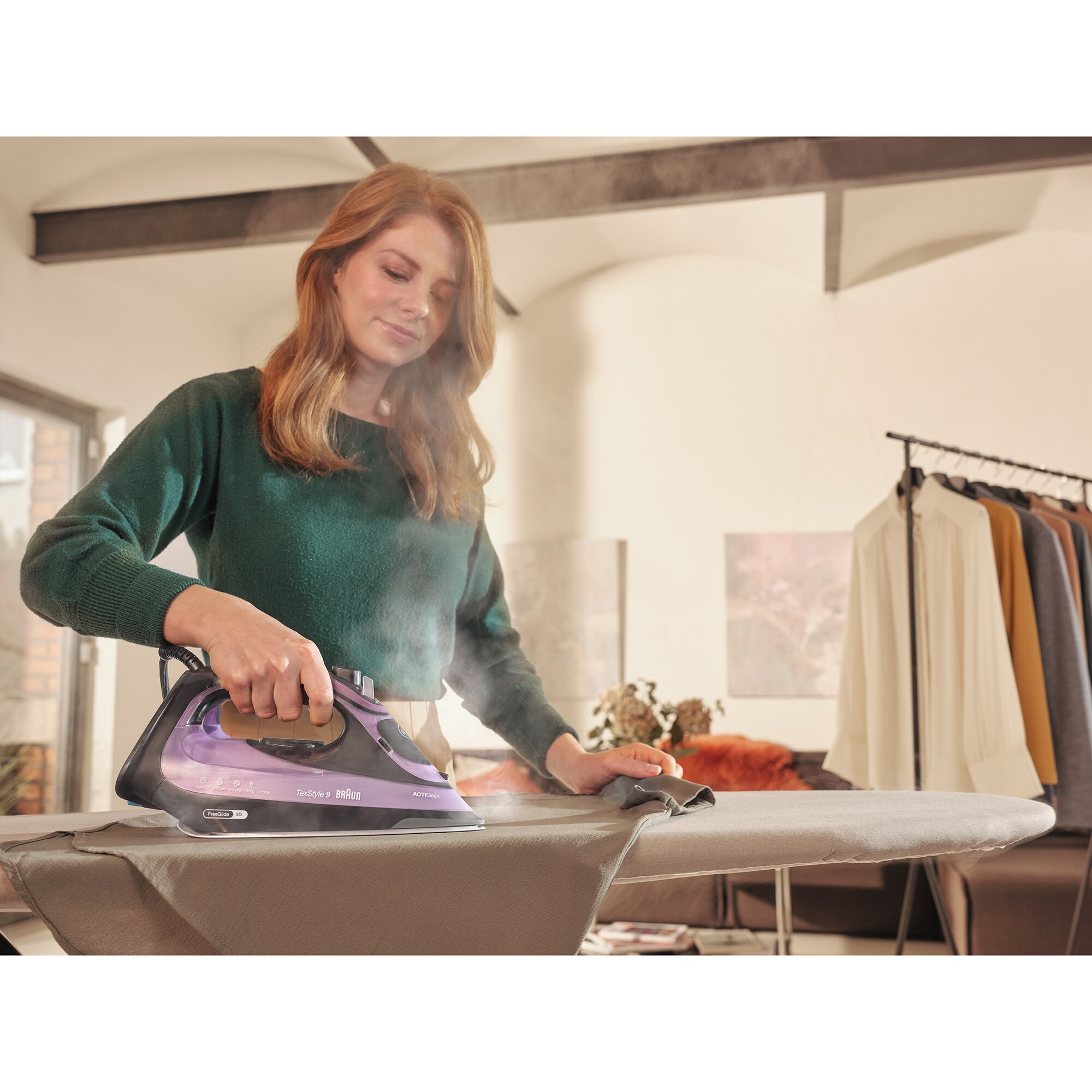 Fier de calcat Braun TexStyle 9, 3100W, 250g/min, 330ml, talpa Eloxal Plus, violet-negru