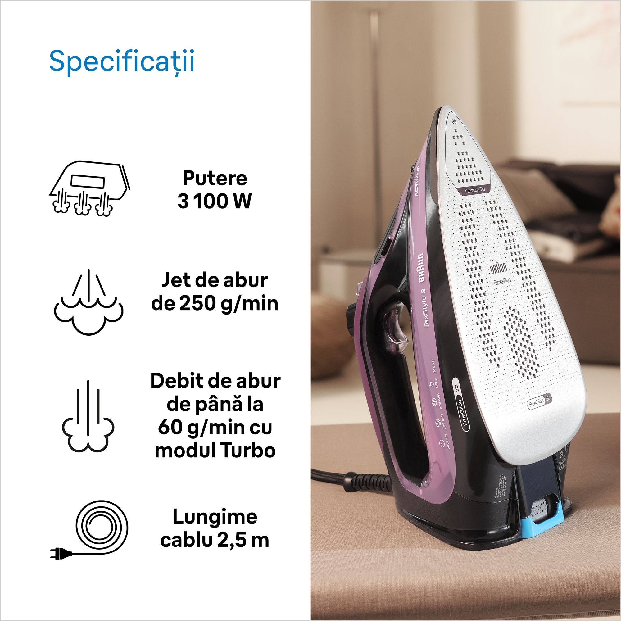 Fier de calcat Braun TexStyle 9, 3100W, 250g/min, 330ml, talpa Eloxal Plus, violet-negru