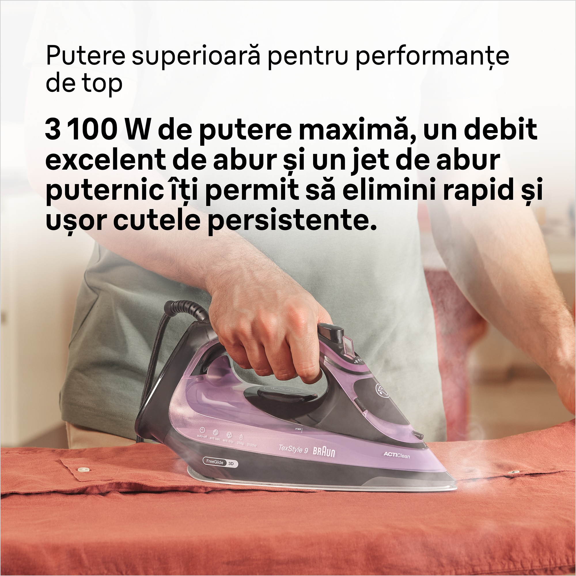 Fier de calcat Braun TexStyle 9, 3100W, 250g/min, 330ml, talpa Eloxal Plus, violet-negru