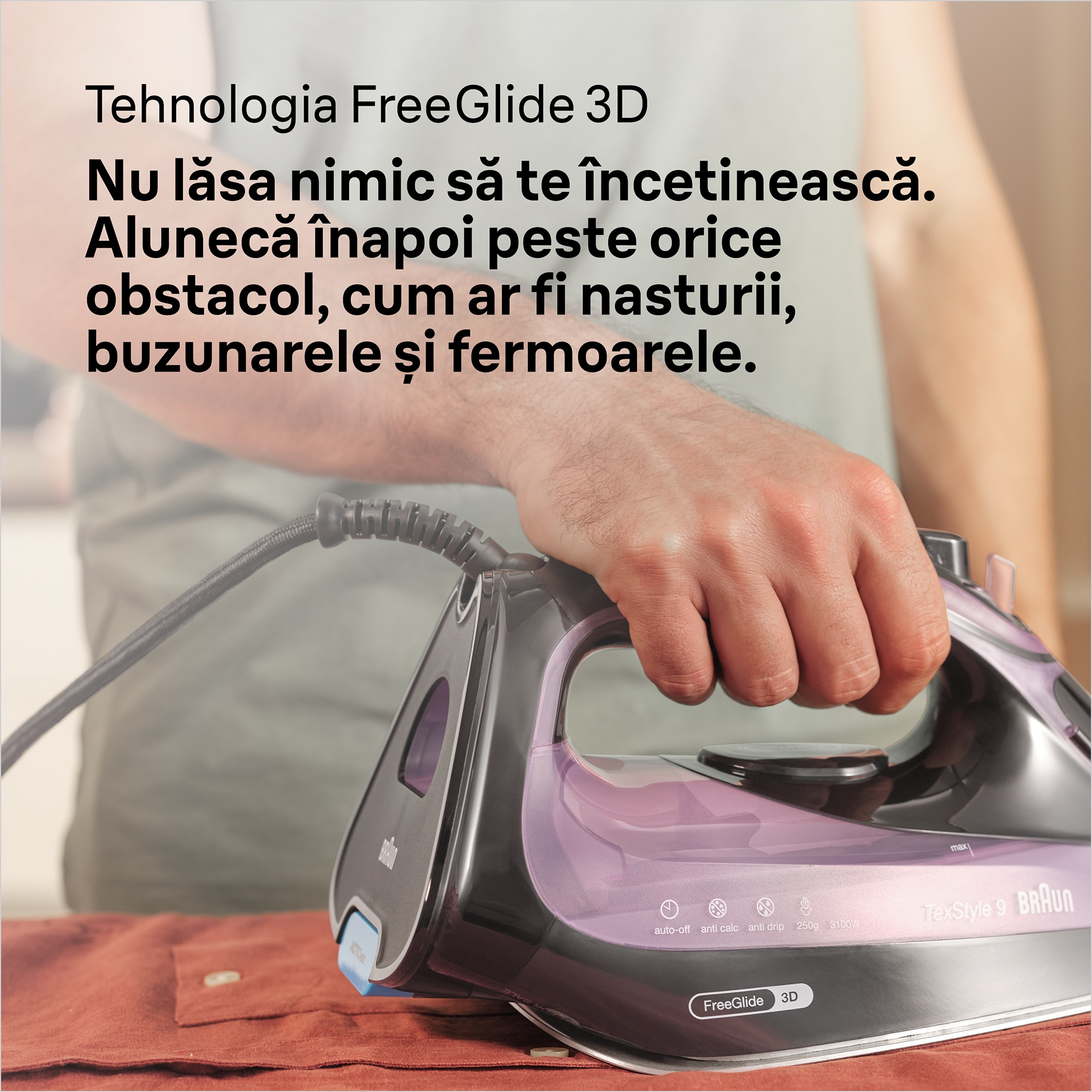 Fier de calcat Braun TexStyle 9, 3100W, 250g/min, 330ml, talpa Eloxal Plus, violet-negru