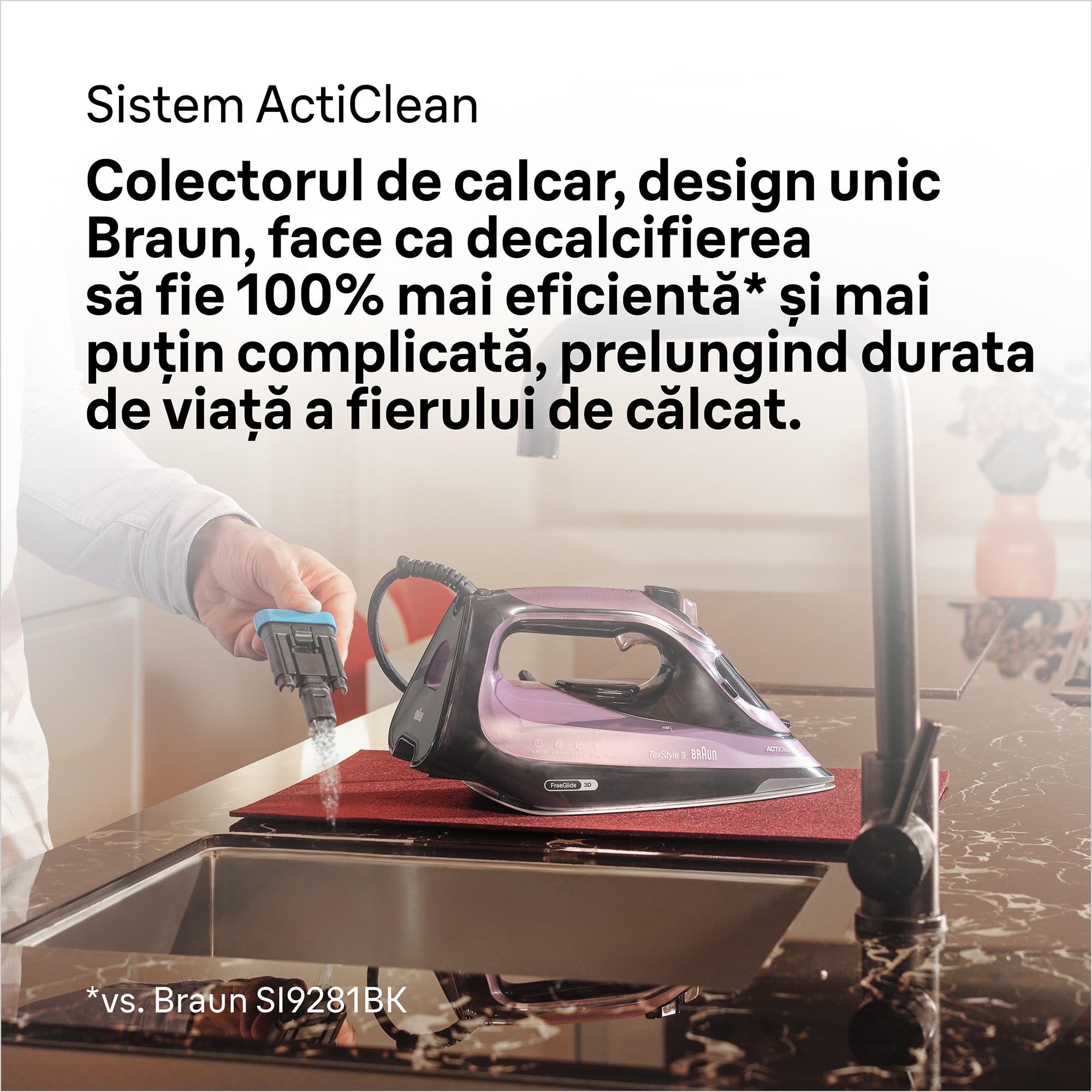 Fier de calcat Braun TexStyle 9, 3100W, 250g/min, 330ml, talpa Eloxal Plus, violet-negru