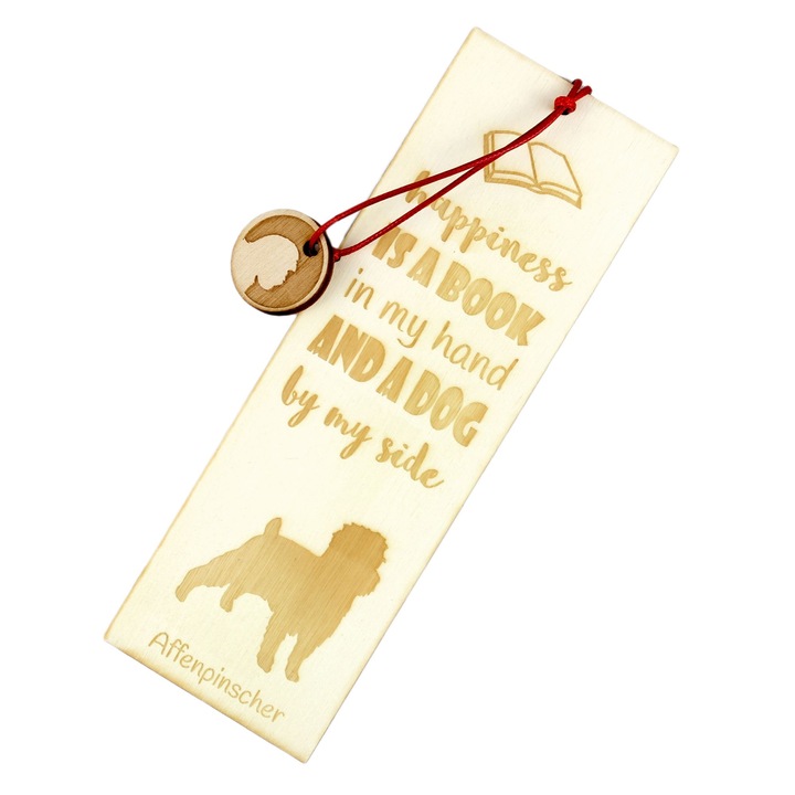 Semn de carte personalizat, Art-Dog, 5x15cm, lemn de mesteacan, cu mesaj "fericirea este o carte in mana si un caine langa mine"