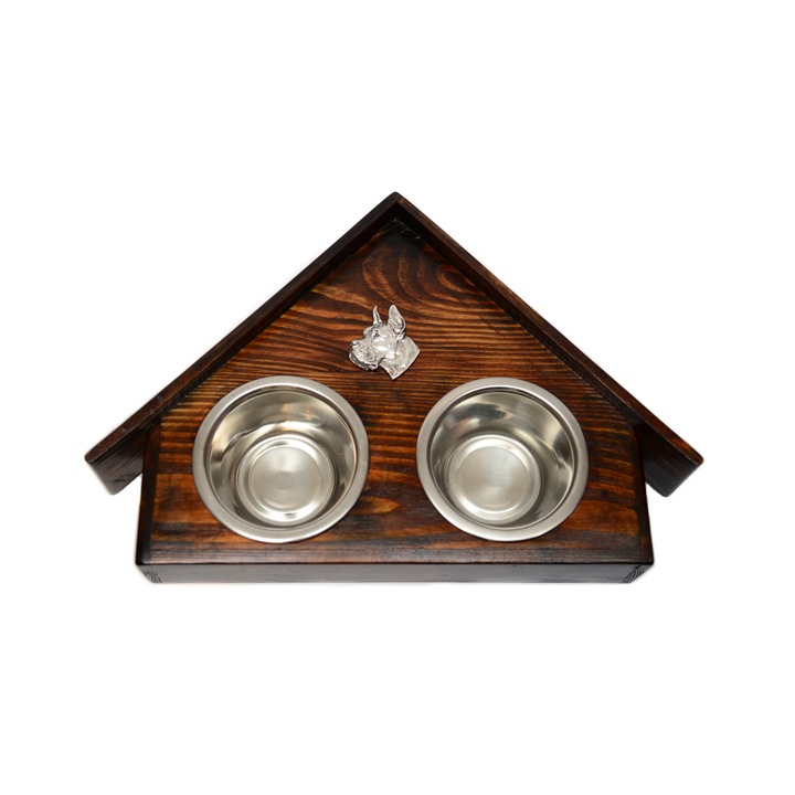 Suport din lemn cu doua boluri pentru caini, Art-Dog, forma casa de caine, 2 boluri inox, dimensiuni 75x50x14cm