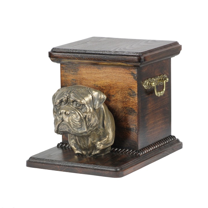 Bullmastiff - kutya hamvaskupak szoborral, elegáns kutya urna, különleges kutya szoborral ellátott urna az Art-Dog márkától
