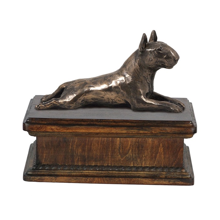Urna pentru cenusa cainelui Bull Terrier, Art-Dog, lemn masiv cu statueta, 21x29x11cm