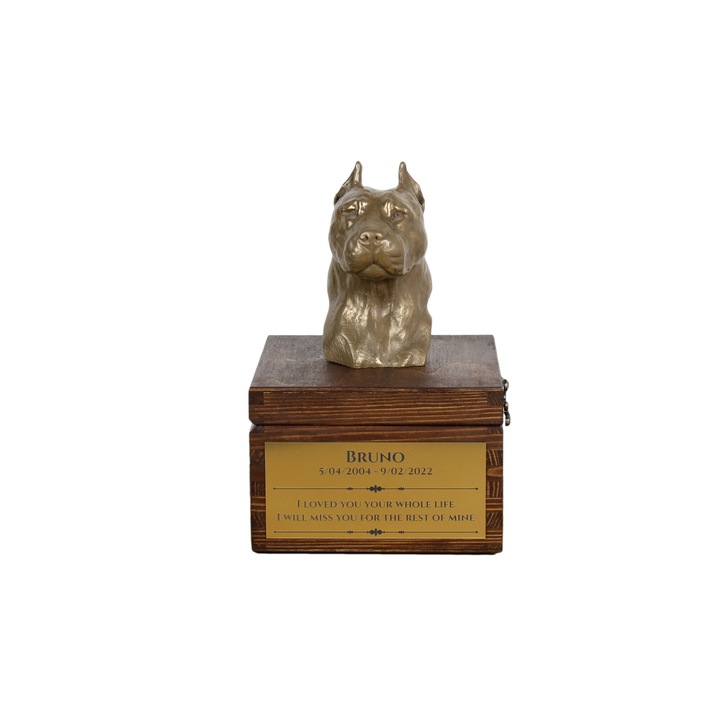 Urna pentru cenusa cainelui, Art-Dog, Amstaff III, personalizata, lemn de pin, 16x16x11cm
