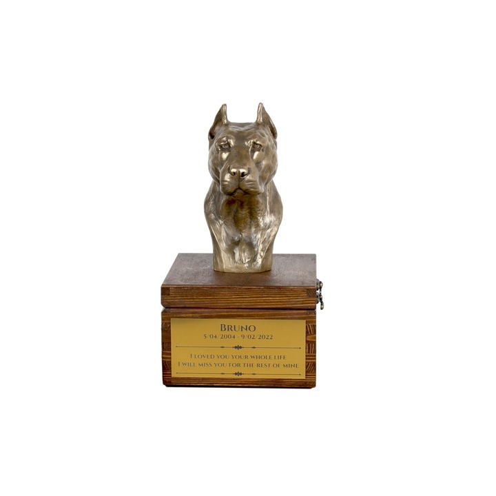 Urna din lemn de pin pentru cenusa cainelui, personalizata, statueta din bronz, 11x16x16cm