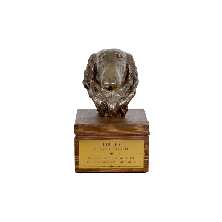 Urna personalizata pentru cenusa animalelor de companie Art-Dog, pin, placa aurie, 16x16x11cm, statueta bronz