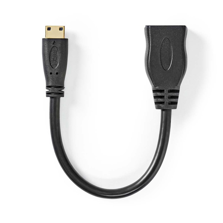 Високоскоростен ​​​​HDMI кабел с Ethernet, HDMI женски / HDMI мини мъжки конектор, позлатен, 4K@30Hz, 10.2 Gbps, меден, 0.20 m, кръгъл, черен