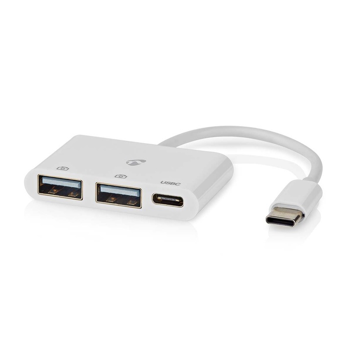 USB хъб, USB-C мъжки, 1x USB-C женски, 2x USB-A женски, USB 2.0, 480 Mbps, бял