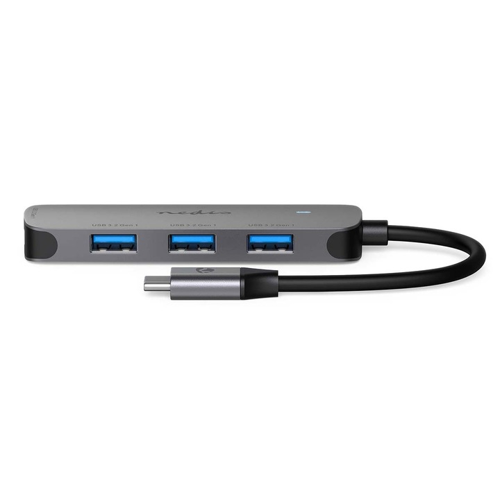 Hub USB, USB-C mascul, 4x USB A mama, USB 3.2 Gen 1, 5 Gbps, gri