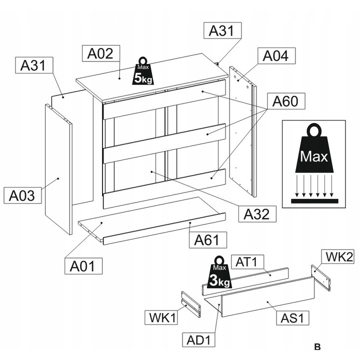Stiv-Meble, K3H_SOSO, Komód, 80x71.5x33.5 cm, 3 Fiókok, Karcolás álló, Forgácslap, Sonoma tölgy