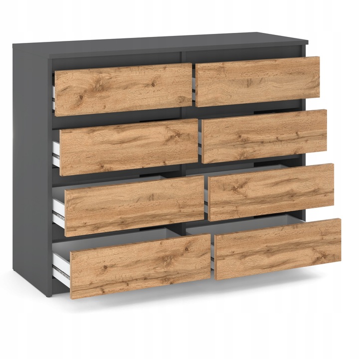 Comoda, Stiv-Meble, Model HIT KDH_SZMWO, Cu 8 Sertare Spatioase, Design Modern, Constructie Solida, Perfect Pentru Orice Interior, Montare Simpla, Dimensiuni 120 x 33.5 x 92.5 cm, Placa Laminata, Wotan/Gri Mat, Fara Manere, Stil Scandinavian, Dormitor Hol